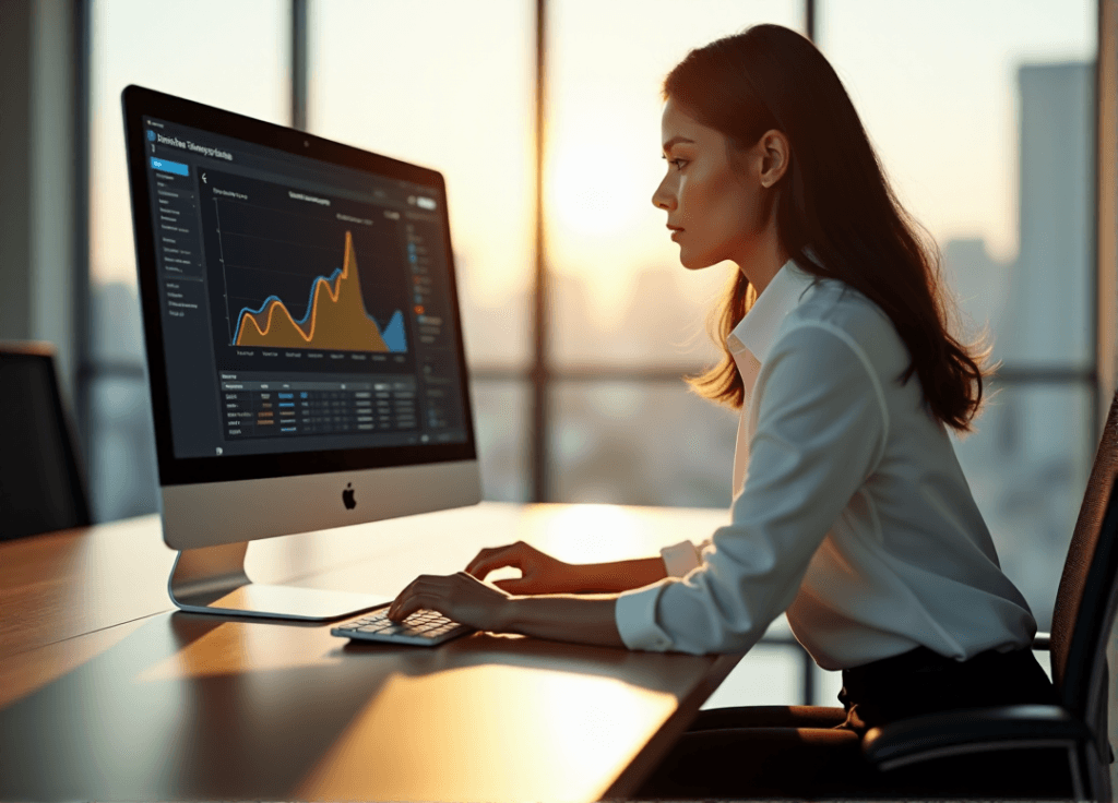 "A young businesswoman intensely studies a data visualization graph on her computer screen, showcasing AI automation skills in customer sentiment analysis."