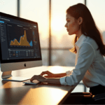"A young businesswoman intensely studies a data visualization graph on her computer screen, showcasing AI automation skills in customer sentiment analysis."