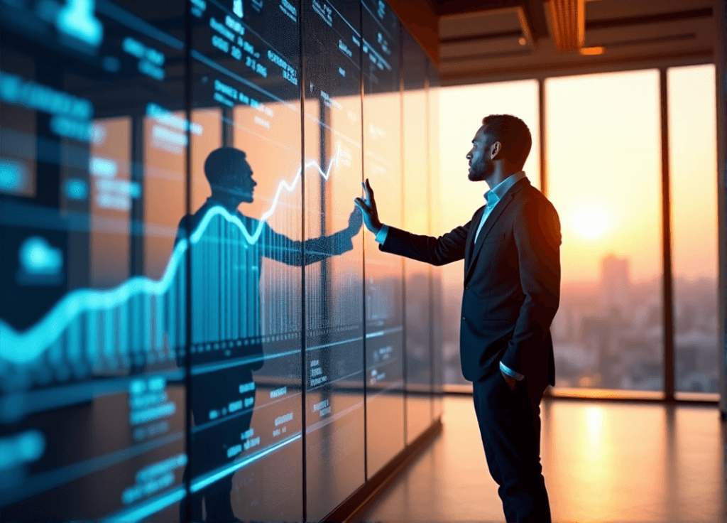 "A business executive stands confidently in front of a digital screen displaying market research data, emphasizing AI automation skills and strategic thinking."