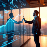 "A business executive stands confidently in front of a digital screen displaying market research data, emphasizing AI automation skills and strategic thinking."
