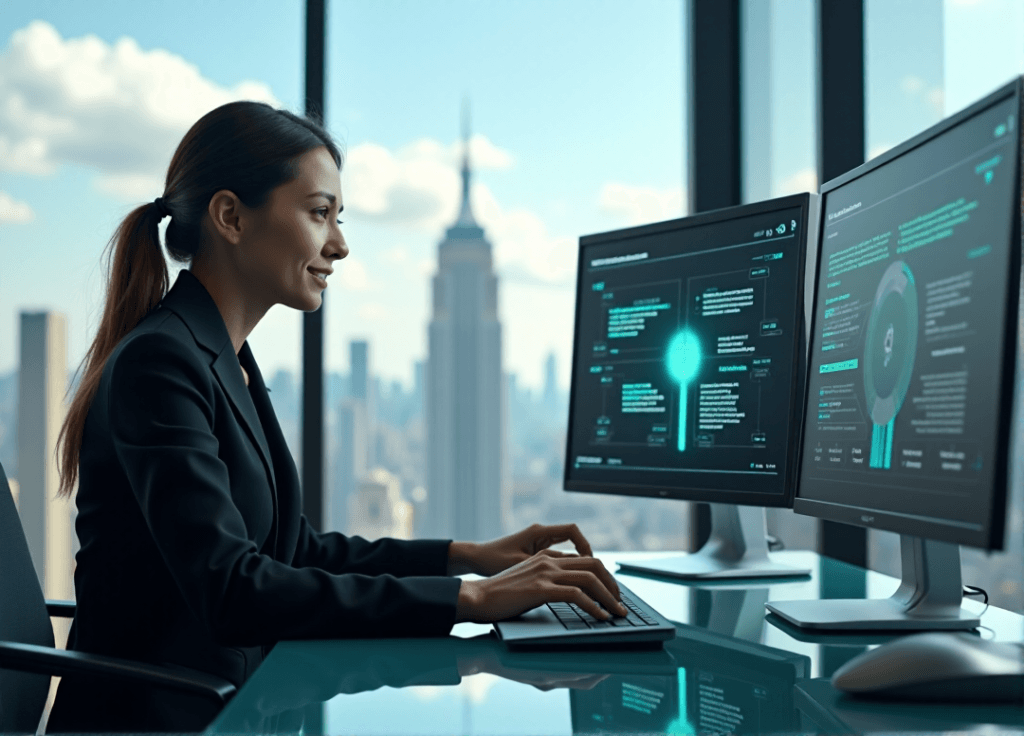 "A young professional sits confidently at a minimalist desk surrounded by state-of-the-art automation machinery, focusing on an AI-optimized workflow diagram."
