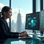 "A young professional sits confidently at a minimalist desk surrounded by state-of-the-art automation machinery, focusing on an AI-optimized workflow diagram."