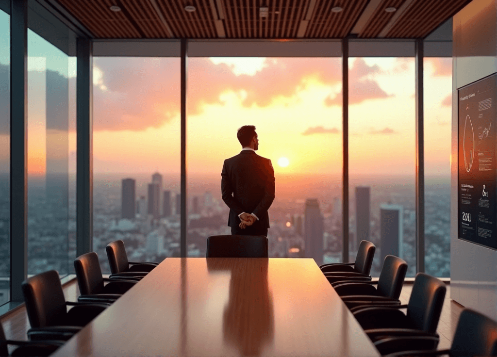 "A high-stakes executive stands confidently at a conference room window, gazing out at a cityscape with AI-driven data visualization on an LED screen behind them."
