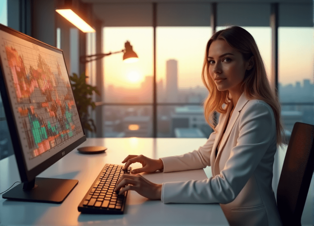 "A young professional sits confidently at a minimalist desk, poised to input data into a high-resolution computer screen displaying a complex data visualization graph, showcasing AI automation skills in a modern office space with cityscape views."