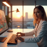 "A young professional sits confidently at a minimalist desk, poised to input data into a high-resolution computer screen displaying a complex data visualization graph, showcasing AI automation skills in a modern office space with cityscape views."