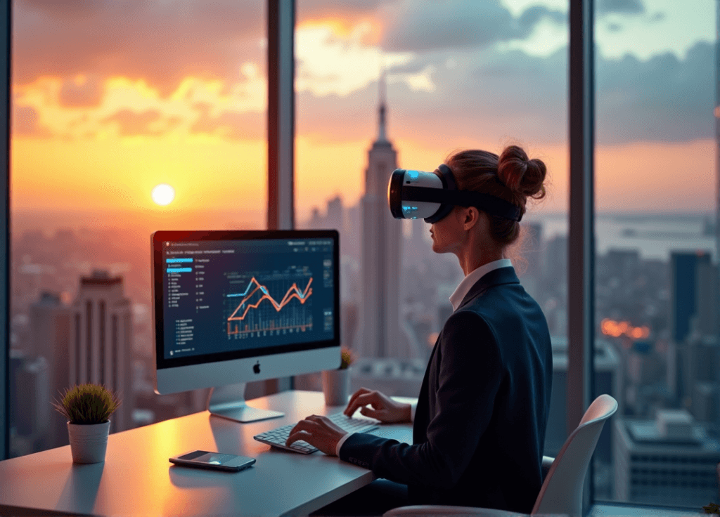 "A young professional sits at a minimalist desk, wearing a VR headset and looking at an AI automation insights graph on their computer monitor, with a cityscape view behind them."