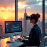 "A young professional sits at a minimalist desk, wearing a VR headset and looking at an AI automation insights graph on their computer monitor, with a cityscape view behind them."