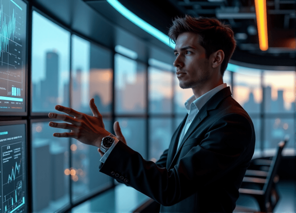 "A young professional stands confidently in front of a modern control room, gesturing towards an AI-driven analytics dashboard displaying rising data visualizations."