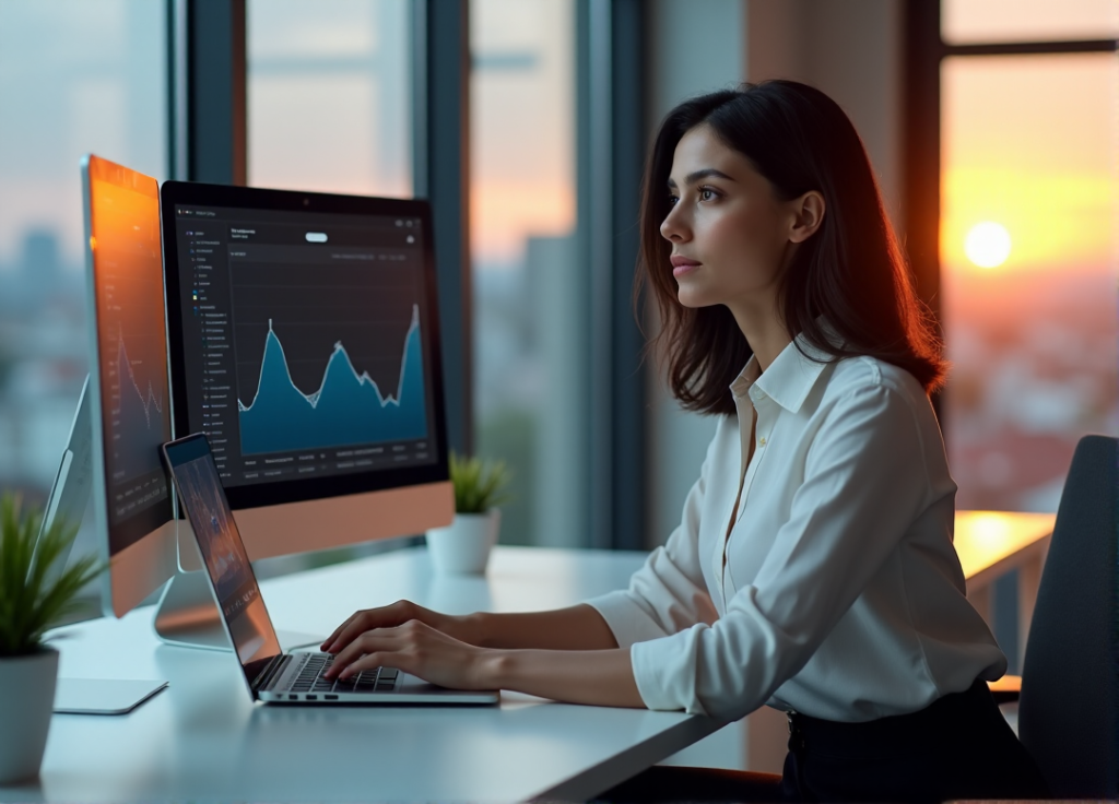 "A young woman analyzes customer sentiment data on a computer screen while interacting with an AI chatbot interface in a modern office setting."