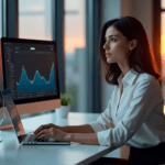 "A young woman analyzes customer sentiment data on a computer screen while interacting with an AI chatbot interface in a modern office setting."