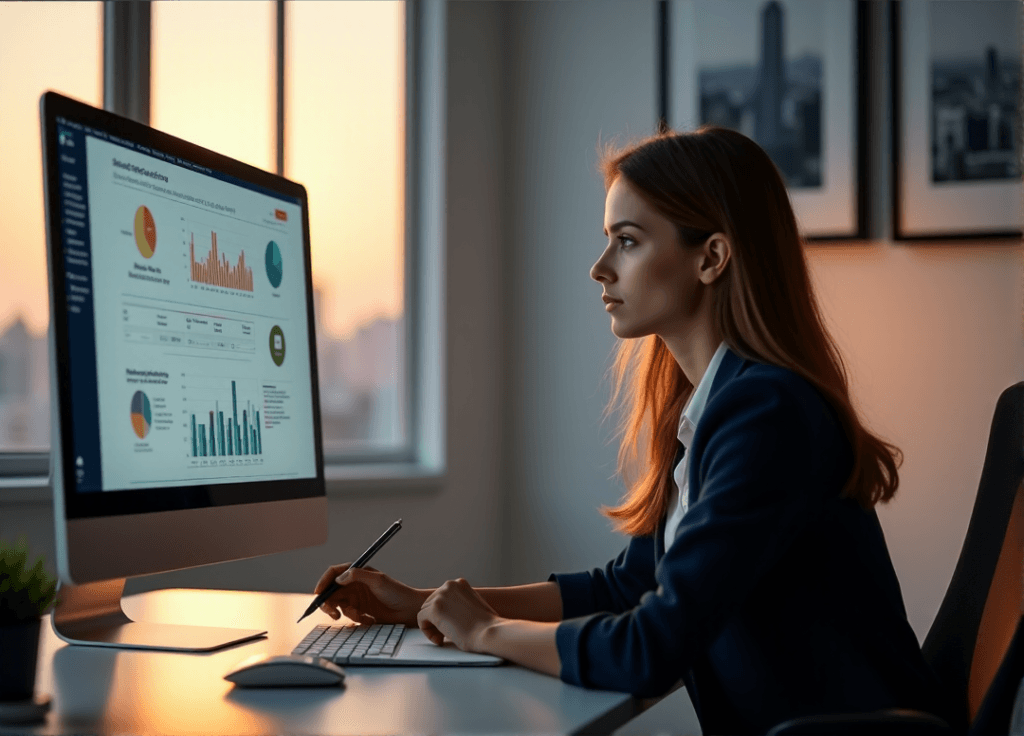 "A young woman sits in a minimalist office, intensely focused on AI-powered customer sentiment analysis data displayed on her computer screen."