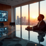 "A market research analyst sits at a conference table, surrounded by computer screens displaying data visualizations and AI-generated charts, with hands poised over a wireless keyboard."