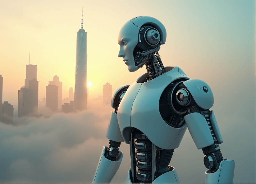 "A futuristic robotic arm emerges from a misty cityscape, symbolizing AI-powered transformation, amidst towering skyscrapers and soft golden hour light."