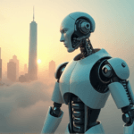"A futuristic robotic arm emerges from a misty cityscape, symbolizing AI-powered transformation, amidst towering skyscrapers and soft golden hour light."