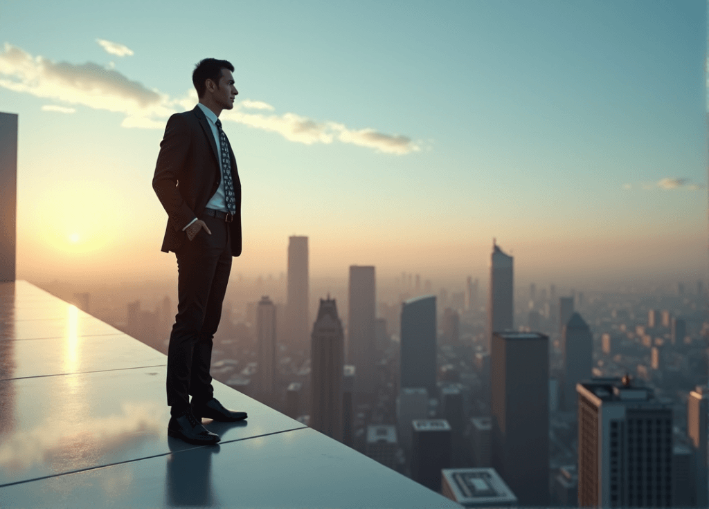 "A confident business executive stands on a rooftop, gazing out at a cityscape with AI-inspired patterns on their suit, symbolizing innovation and progress in AI automation skills."