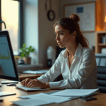 "A young businesswoman analyzes customer sentiment data on an AI-powered computer, surrounded by office clutter in a minimalist office space."