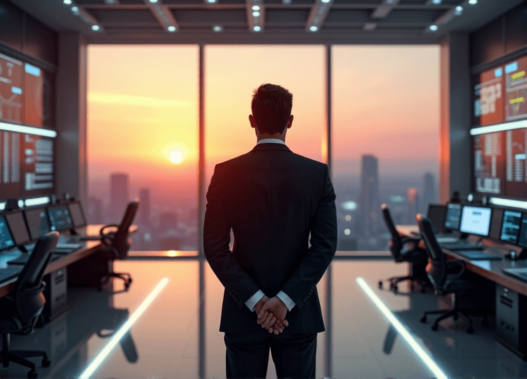 "A corporate executive stands confidently in a high-tech control room with AI automation skills on display."