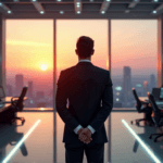 "A corporate executive stands confidently in a high-tech control room with AI automation skills on display."