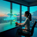 "A young woman in a modern control room, intensely focused on AI-powered sentiment analysis data displayed on a large high-resolution screen."