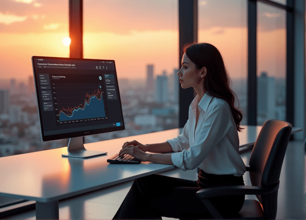 "A young businesswoman analyzes customer sentiment data on a large screen in an AI-powered office environment with a cityscape view at dusk."