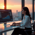 "A young businesswoman analyzes customer sentiment data on a large screen in an AI-powered office environment with a cityscape view at dusk."