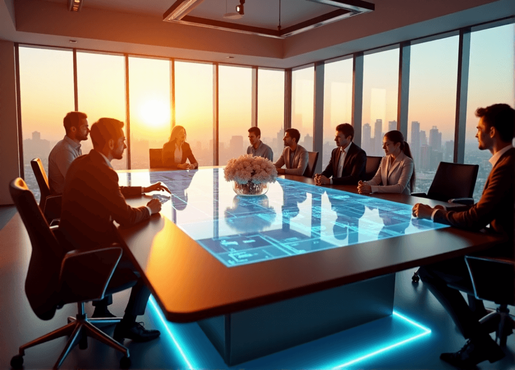 "A diverse team of employees collaborate around a conference table, surrounded by floor-to-ceiling windows with a cityscape view, interacting with AI-driven insights on a high-resolution touchscreen display to elevate customer experience through real-time analytics and predictive modeling, showcasing AI automation skills in action."