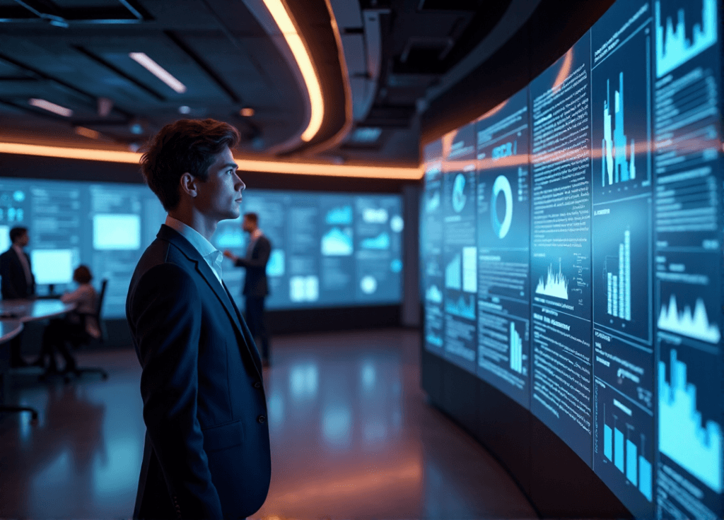 "A high-tech control room scene featuring a young professional studying market trends on a large curved screen with AI-driven analytics, surrounded by colleagues and humming servers."