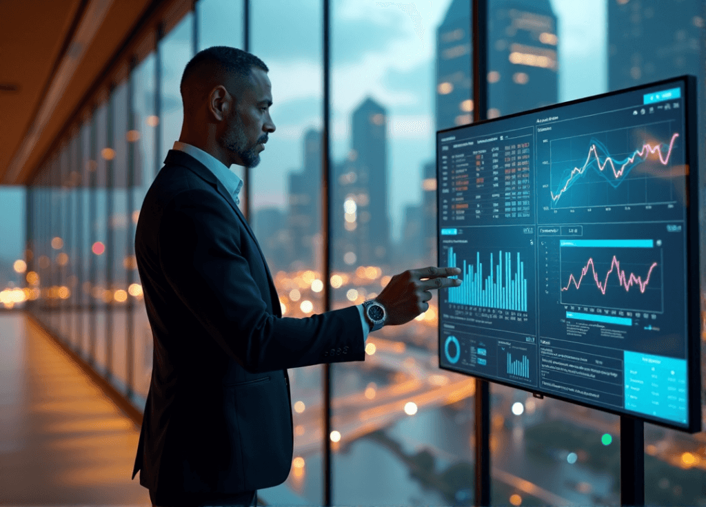 "A confident executive stands in front of a glass wall with a futuristic cityscape at dusk, gesturing towards an AI-powered data dashboard showcasing analytics and visualizations."