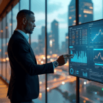 "A confident executive stands in front of a glass wall with a futuristic cityscape at dusk, gesturing towards an AI-powered data dashboard showcasing analytics and visualizations."