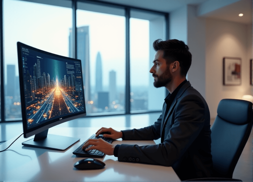 "A market research analyst sits at a minimalist desk, intensely focused on AI-powered insights and analytics tools, with a cityscape visual representation displayed on their high-resolution computer screen."