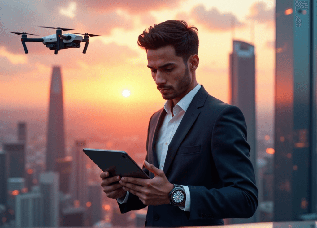 "A young professional stands confidently in front of a futuristic cityscape at sunset, wearing a smartwatch and holding a tablet with AI-powered analytics."