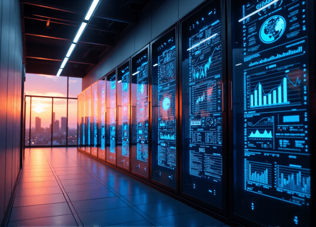 "A modern data center at dusk, featuring a large digital display with pulsing data visualizations, surrounded by humming servers and cityscape silhouettes."