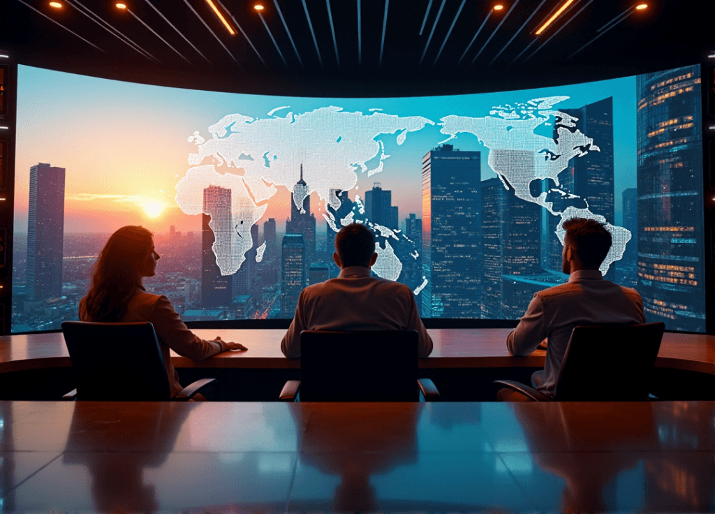 "Three professionals analyze AI-powered audience insights on a large curved screen in a high-tech control room, surrounded by humming servers and computer equipment."