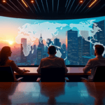 "Three professionals analyze AI-powered audience insights on a large curved screen in a high-tech control room, surrounded by humming servers and computer equipment."