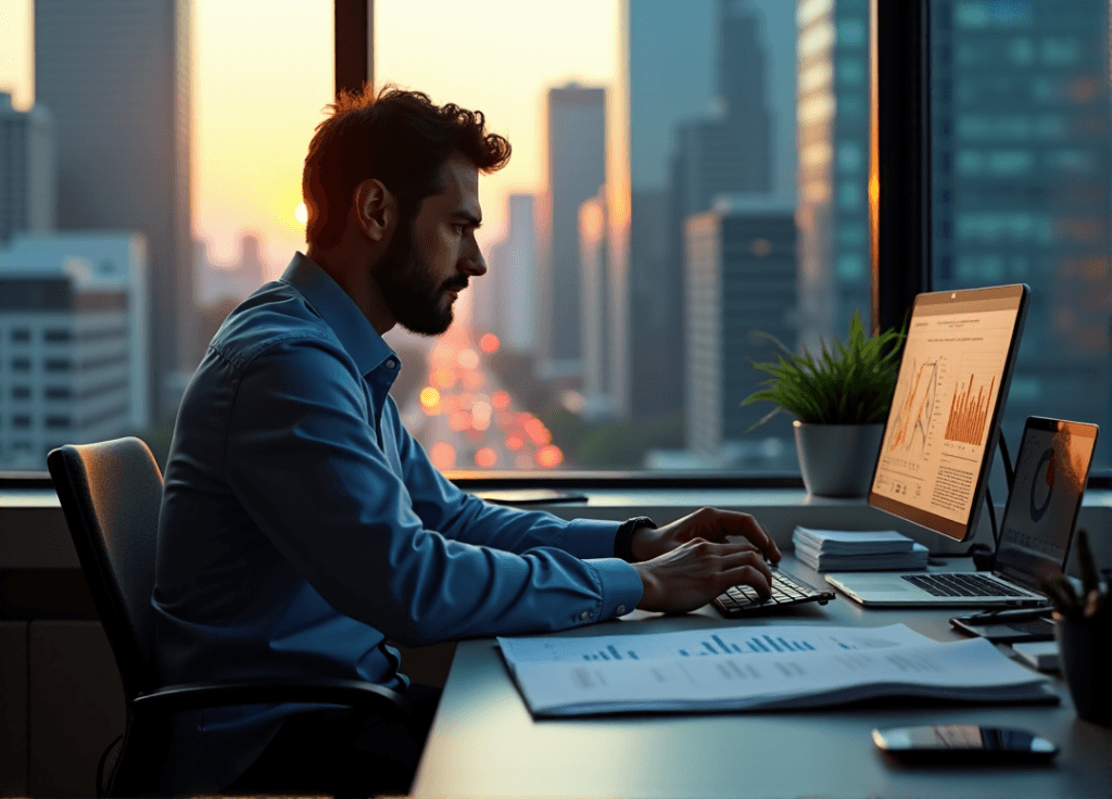 "A professional market researcher sits intensely focused on data-driven reports and graphs, surrounded by urban energy, poised to type with AI automation skills in mind."