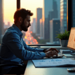 "A professional market researcher sits intensely focused on data-driven reports and graphs, surrounded by urban energy, poised to type with AI automation skills in mind."
