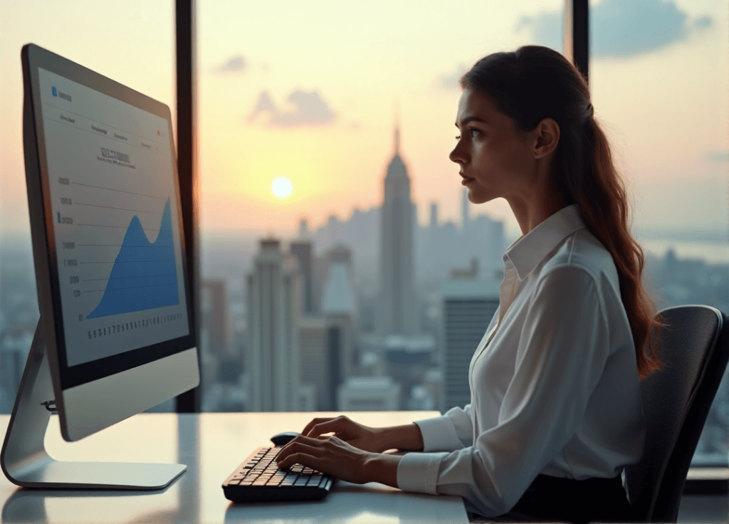 "A young woman sits at a modern desk, analyzing customer sentiment data on her computer screen with furrowed brows, showcasing AI automation skills in enhancing customer experience."