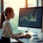 "A young businesswoman studies data visualization insights on a large screen behind her, mastering customer experience through AI automation skills."