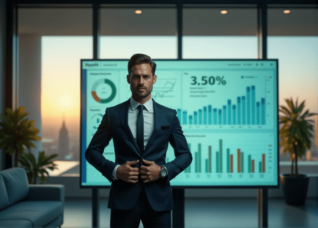 "A confident business professional stands in front of a data visualization dashboard, showcasing market trends and statistics, highlighting AI automation skills and expertise."
