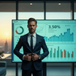 "A confident business professional stands in front of a data visualization dashboard, showcasing market trends and statistics, highlighting AI automation skills and expertise."
