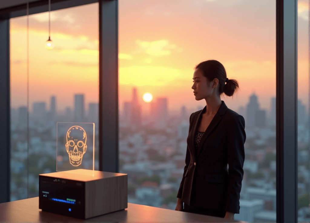 "A young Asian executive stands confidently in front of a glass window overlooking a cityscape at sunset, surrounded by AI-inspired technology."