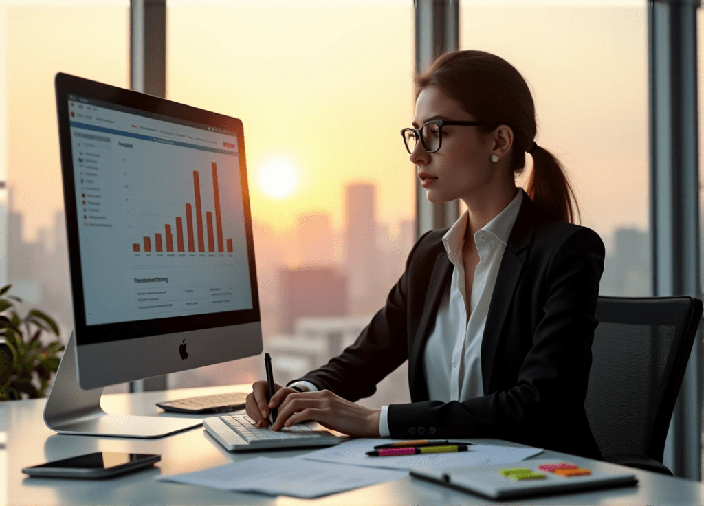 "A young businesswoman intensely analyzes customer feedback data on a computer screen amidst a cluttered office with cityscape views, showcasing AI automation skills in action."