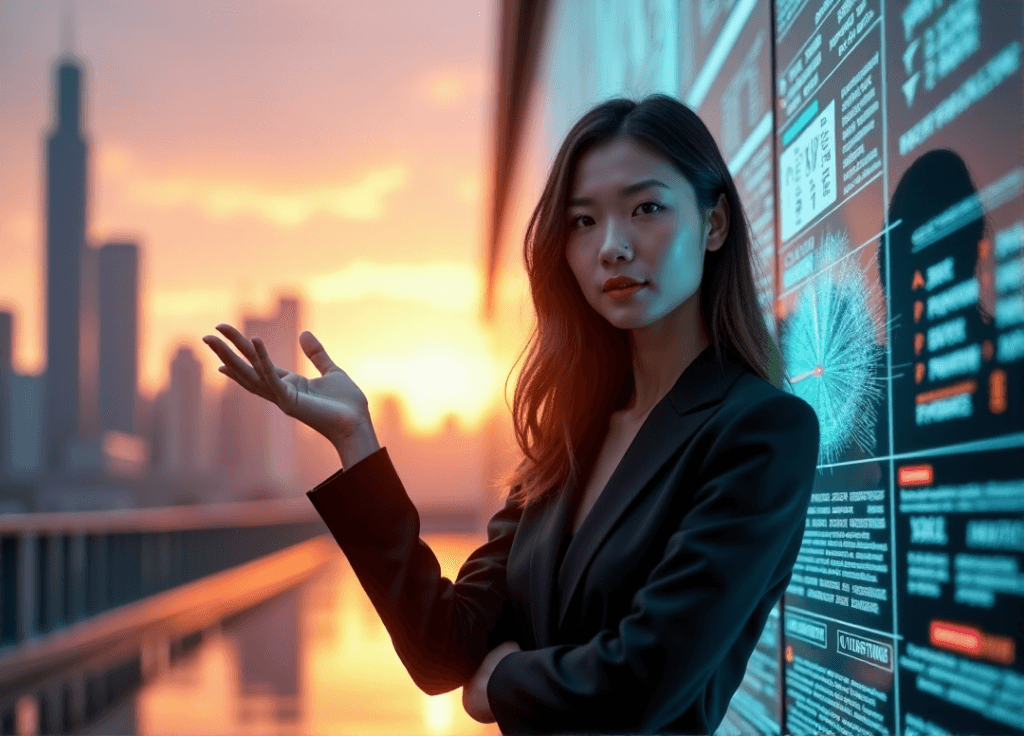 "A young woman in a black suit stands confidently in front of a cityscape at sunset, gesturing towards a digital screen displaying data analytics and AI algorithms."