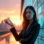 "A young woman in a black suit stands confidently in front of a cityscape at sunset, gesturing towards a digital screen displaying data analytics and AI algorithms."