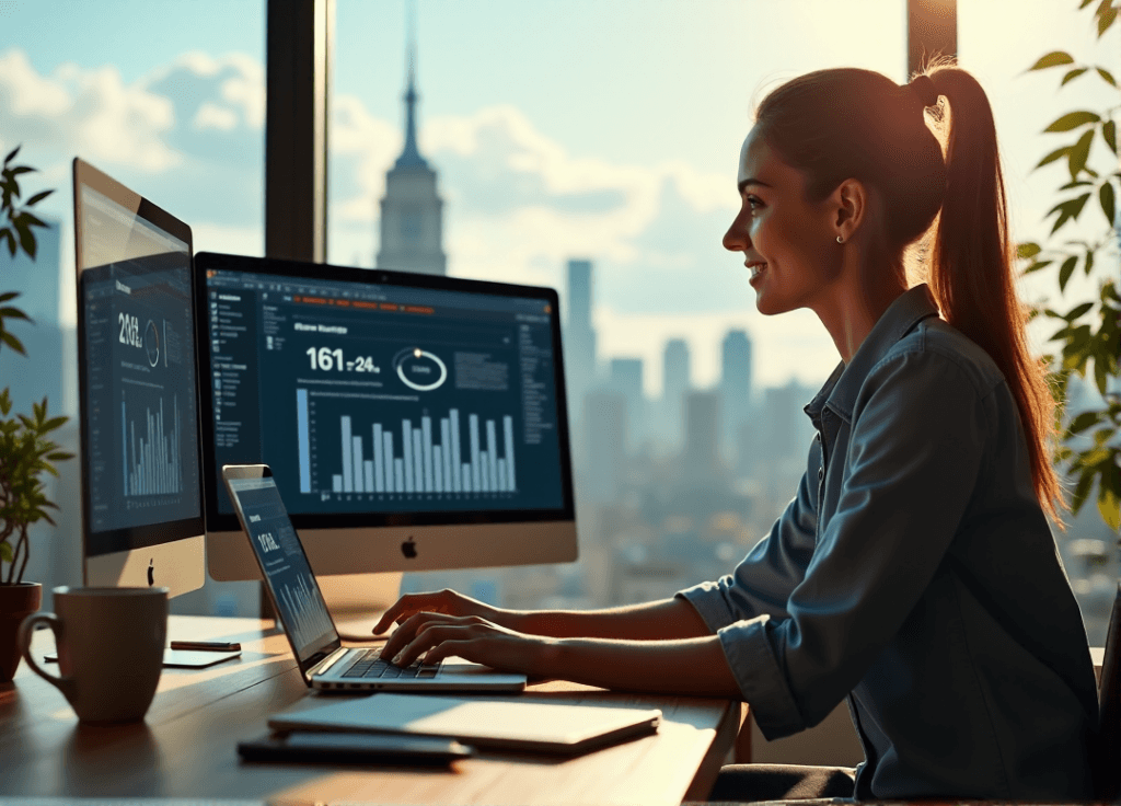 "A young woman studies customer feedback metrics on multiple screens in a modern office with a cityscape view, showcasing her AI automation skills."