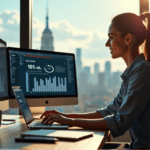 "A young woman studies customer feedback metrics on multiple screens in a modern office with a cityscape view, showcasing her AI automation skills."