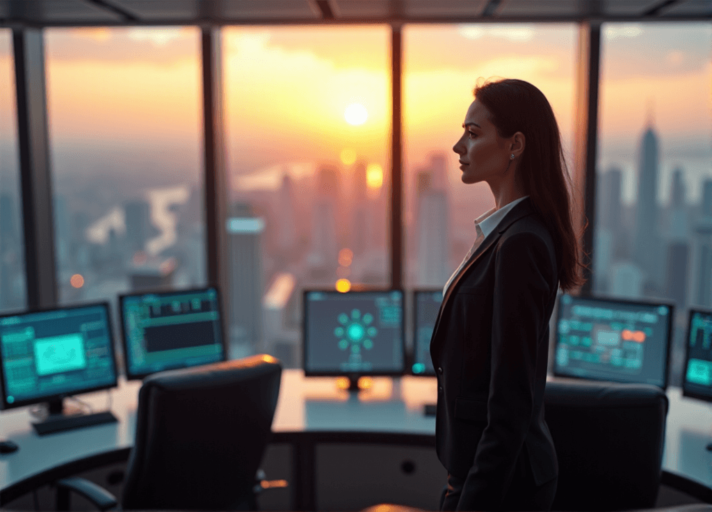 "A confident businesswoman stands in a modern control room, gazing out at a cityscape with AI automation systems humming in the background."