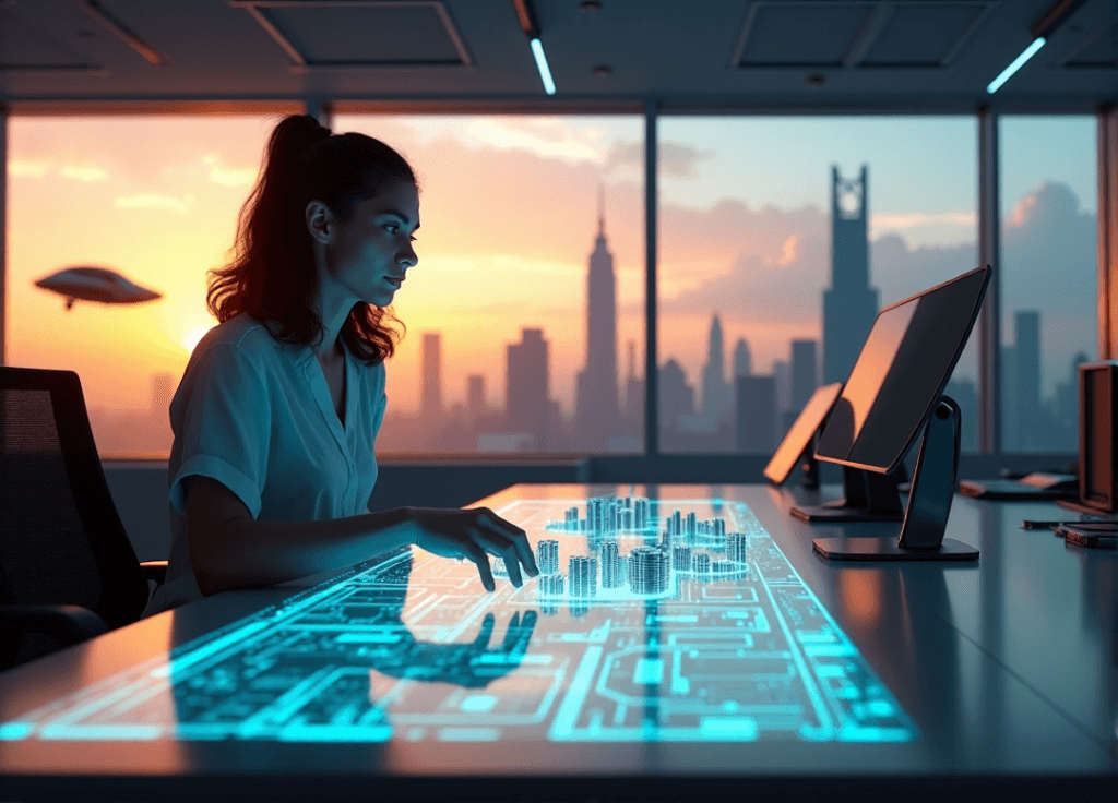 "A young woman sits at a futuristic laboratory desk, intensely focused on AI-generated cityscape models with her fingers hovering above a massive touchscreen interface."