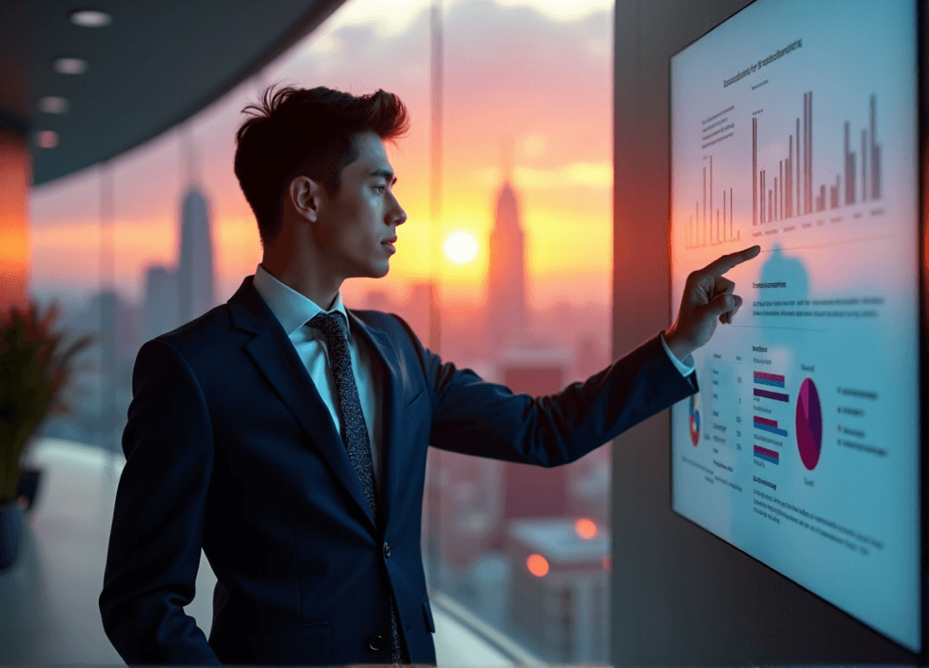"A young professional stands confidently in front of a cityscape at sunset, intently viewing a high-resolution touchscreen display showcasing dynamic data-driven insights and AI automation skills."