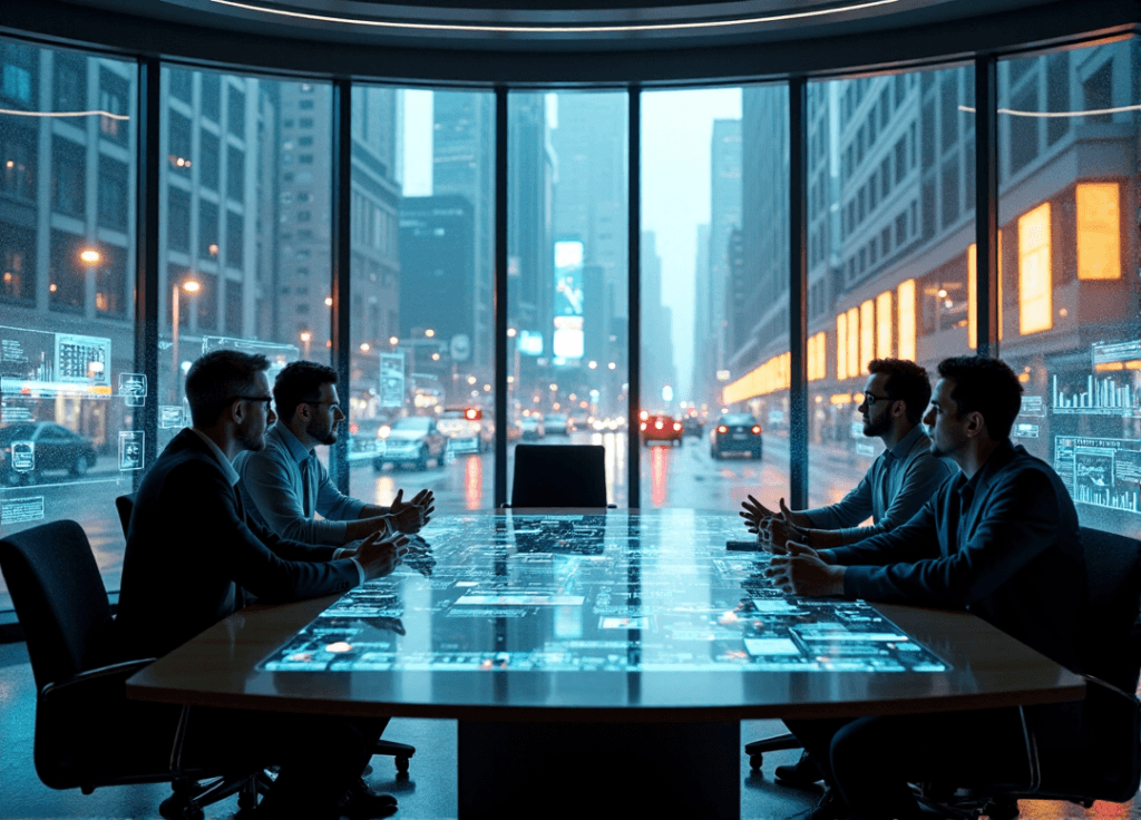 "Three professionals analyze data on curved screens in a futuristic conference room amidst cityscape at dusk, leveraging AI automation skills."